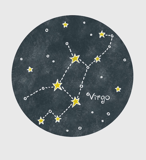 Constelação de Virgem desenhada com lápis em estilo de desenho animado infantil em fundo de círculo de textura
