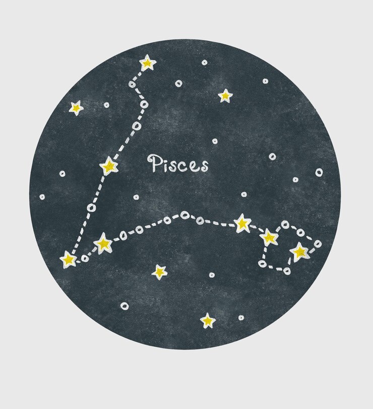 PSD la constelación de piscis dibujada a mano con lápices de colores en estilo de dibujos animados infantil en un fondo de círculo de textura
