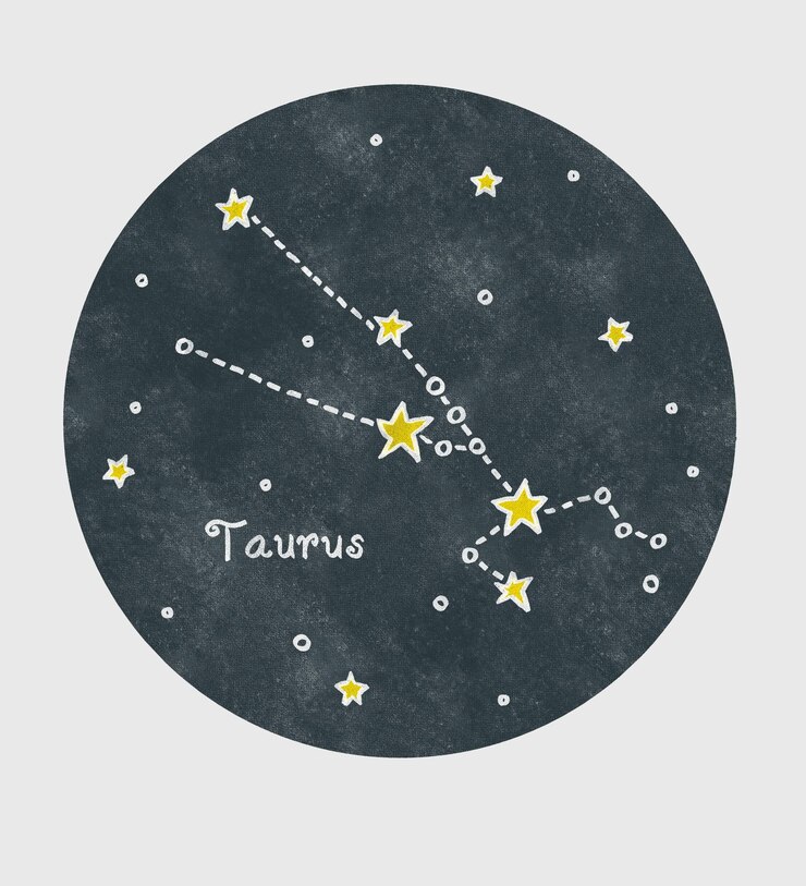 PSD la constelación de tauro dibujada a mano con lápices de colores en estilo de dibujos animados infantil en un fondo de círculo de textura