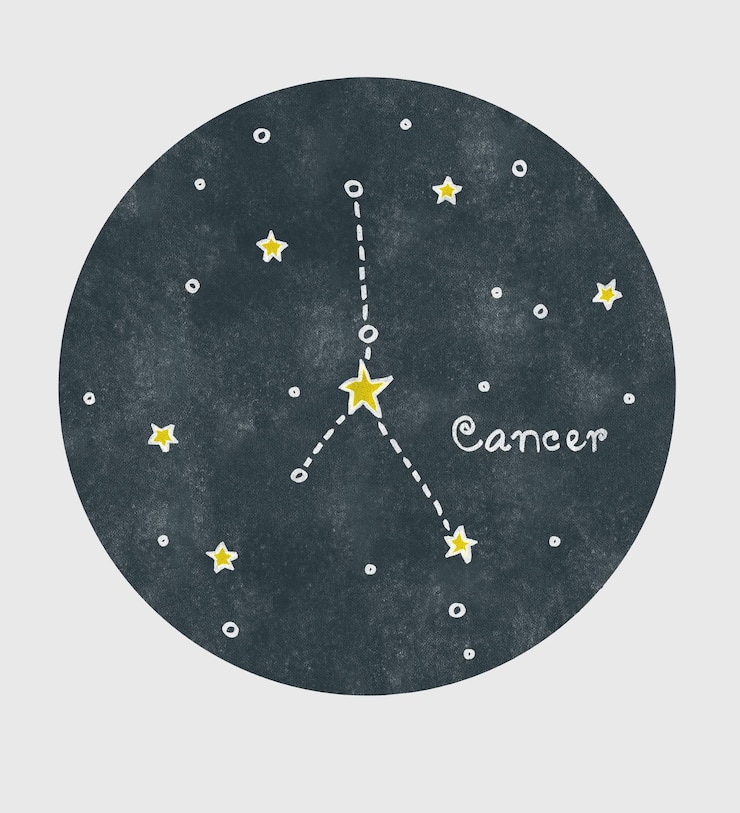 PSD constellation cancer dibujado a mano con lápices de colores en estilo de dibujos animados infantil en un fondo de círculo de textura
