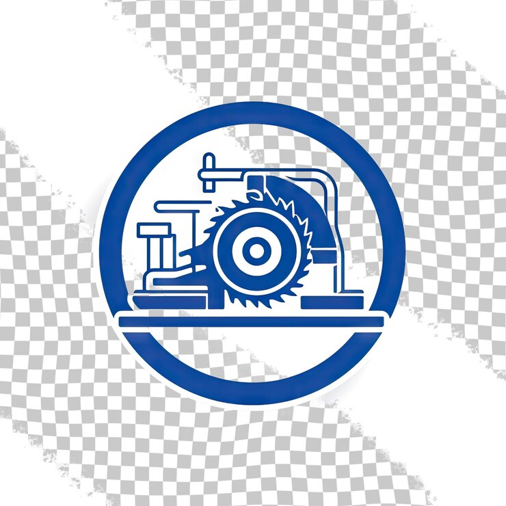 PSD constricción tabla de sierra circular icono de línea azul en fondo transparente