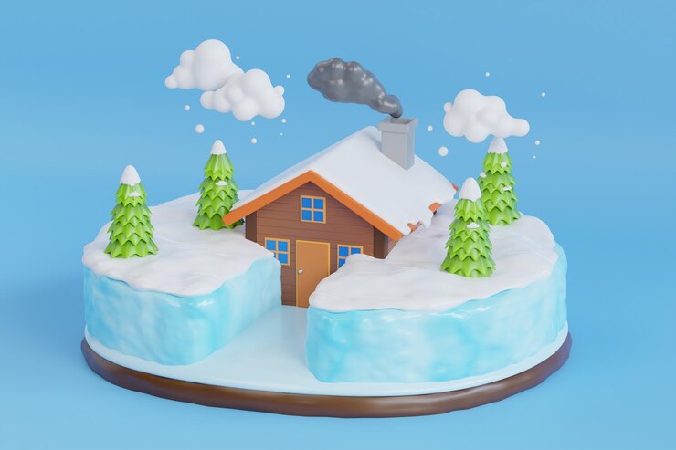 PSD construcción de casas en bosque cubierto de nieve ilustración 3d casa bajo nevadas de invierno temporada de invierno
