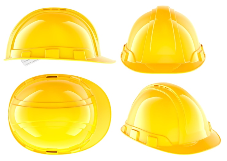 PSD construcción cascos de color naranja diferentes vistas y ángulos rendering 3d aislado en fondo transparente