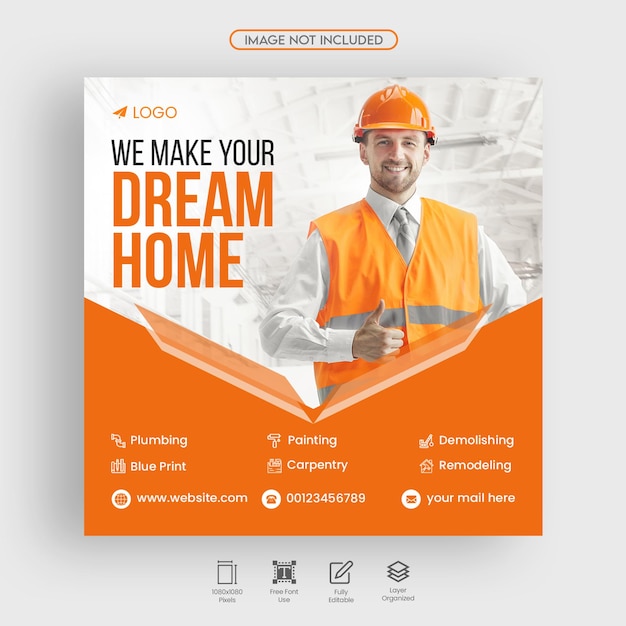 PSD construcción y renovación de viviendas servicios inmobiliarios redes sociales diseño de banner web psd premium