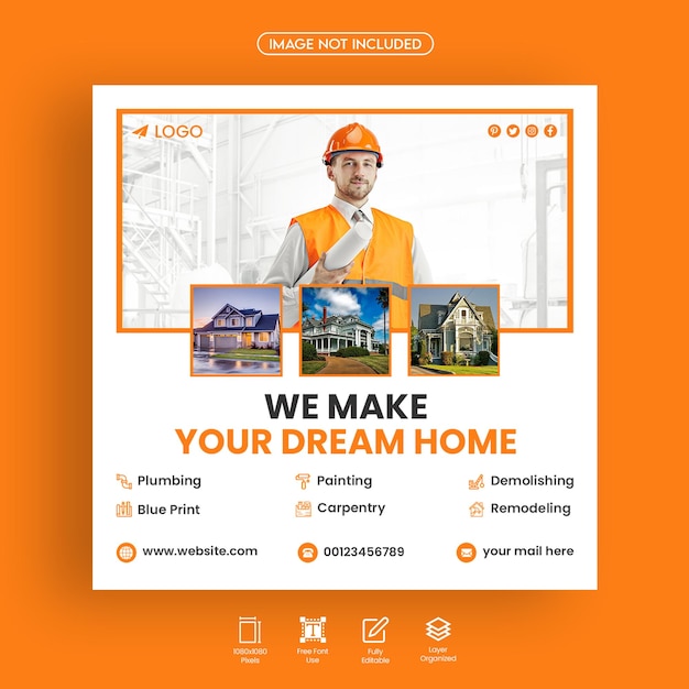 PSD construcción y renovación de viviendas servicios inmobiliarios redes sociales diseño de banner web psd premium