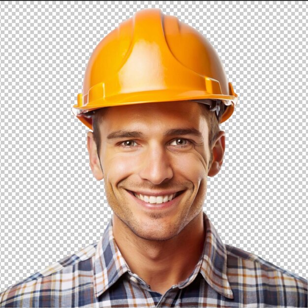 PSD le constructeur dans un gilet de construction et un casque orange debout sur le mur blanc ingénieur spécialiste de la sécurité