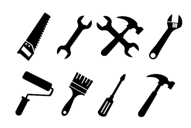 Construction and Repair Tools Silhouettes Isolated on Transparent Background