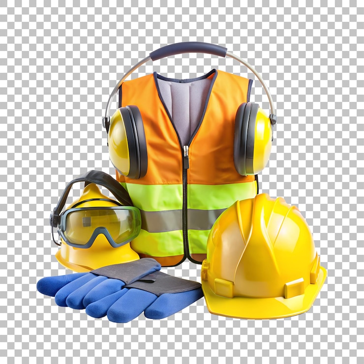 PSD construction safety equipment helmet goggles ear protection on a transparent background