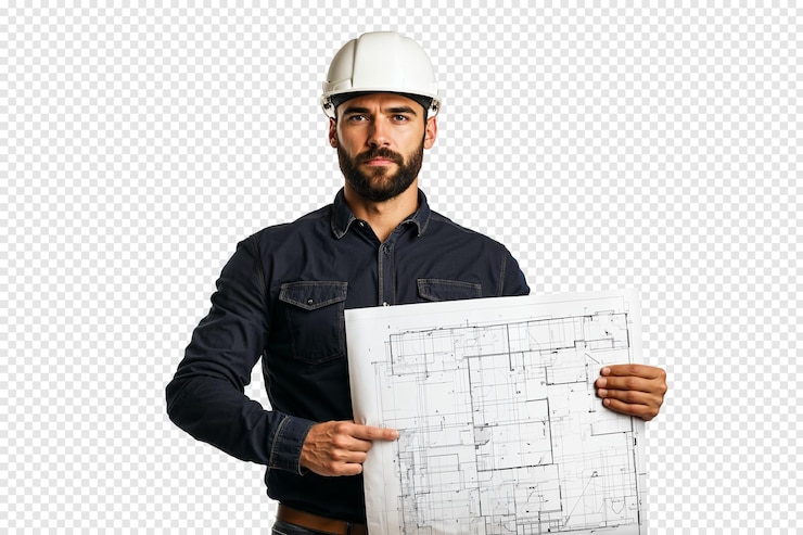 PSD construction worker holding blueprints with focus