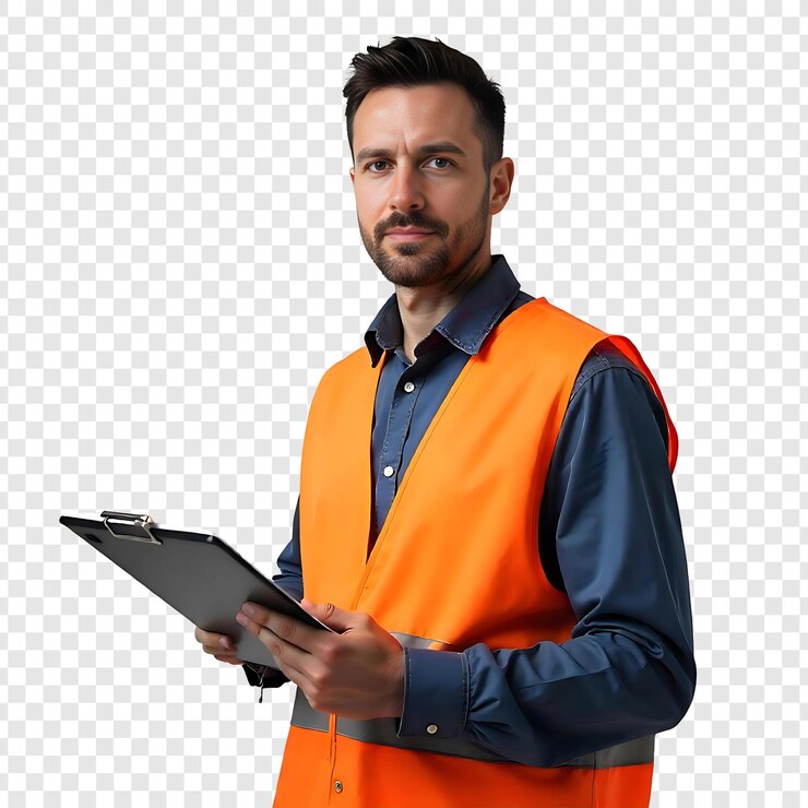 PSD construction worker in an orange safety vest holding a clipboard