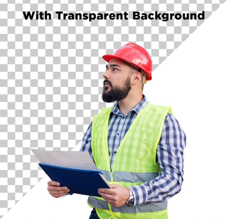 PSD construction worker side pose holding files in hand png psd isolated on transparent background