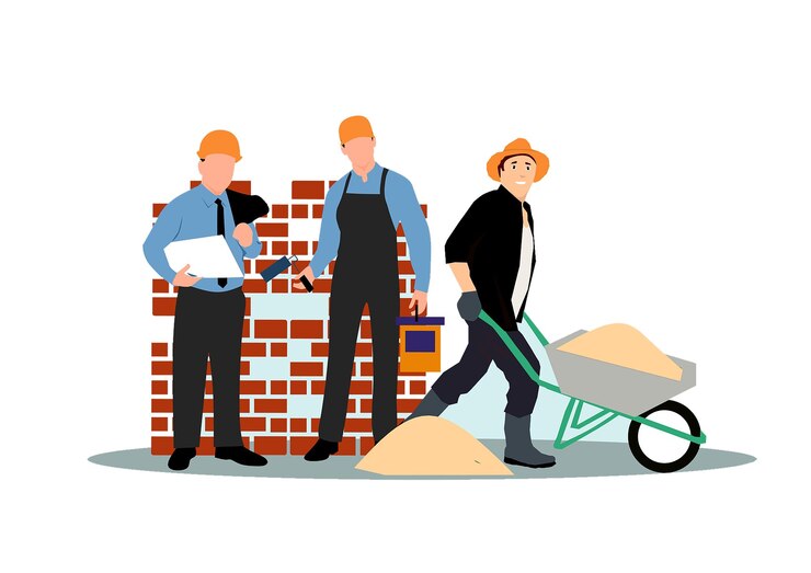 PSD construction workers building a brick wall