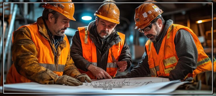 PSD construction workers reviewing blueprints together
