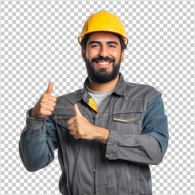Constructor hombre latino profesional con el pulgar hacia arriba aislado en un fondo transparente