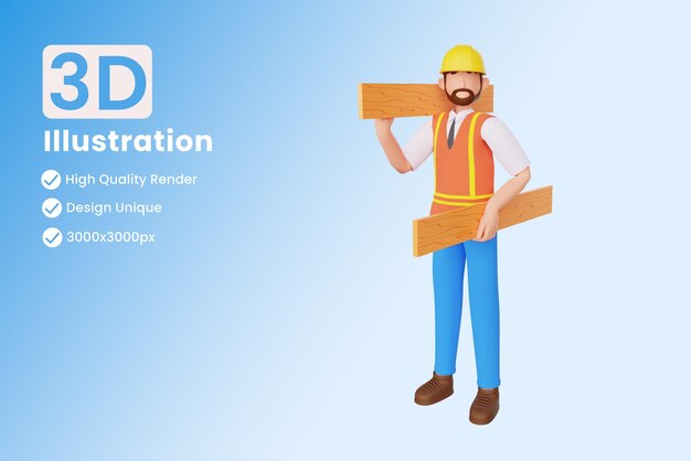 constructor, proceso de llevar, madera, 3d, ilustración