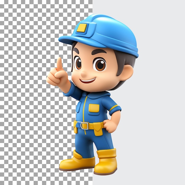 PSD construidor de personagens 3d homem vestindo uniforme azul e capacete de segurança fazendo cara de surpresa