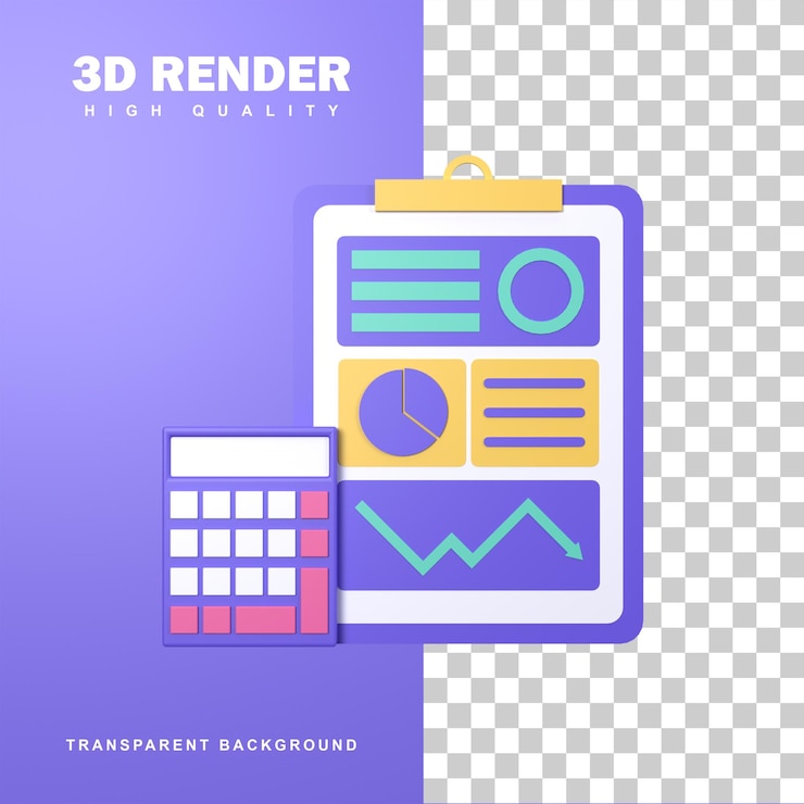 PSD contabilidad de representación 3d con análisis de datos y calculadora.