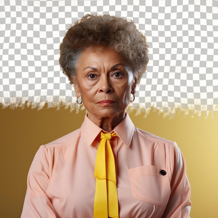 PSD contabilista nórdica mulher mais velha melancólica com cabelo pervertido assume uma pose reflexiva em tela de limão pastel