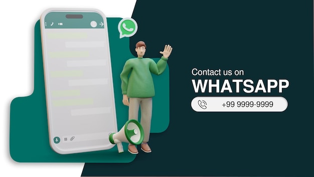 Contact Us on WhatsApp 3D Character and Smartphone Illustration