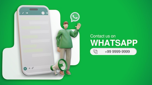 Contact Us on WhatsApp 3D Illustration with Phone and 3D Character