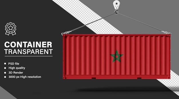 Container 3D avec le drapeau du Maroc isolé sur un fond transparent