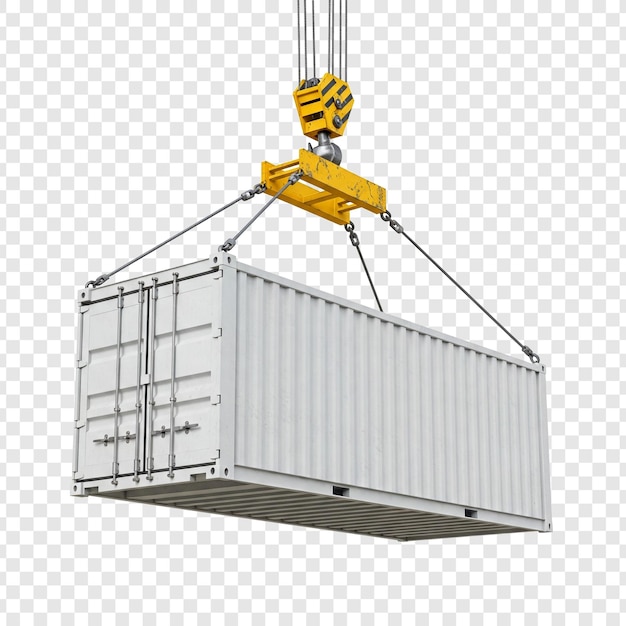 Container de transporte sendo levantado por um guindaste em fundo transparente