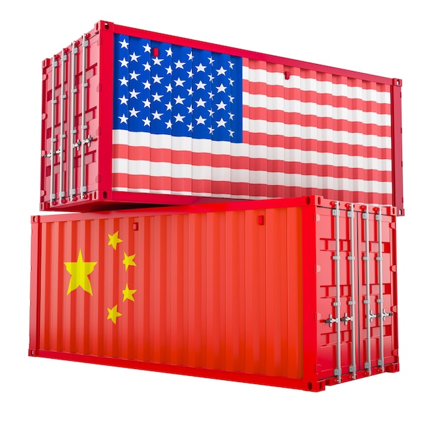 Container di merci con bandiere americane e cinesi La guerra commerciale degli Stati Uniti con la Cina concetto rendering 3D isolato su sfondo trasparente