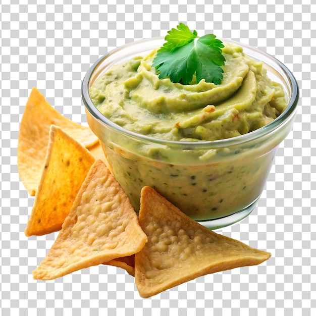 Container De Guacamole Crémeux Avec Des Chips De Tortilla Isolées Sur Un Fond Transparent