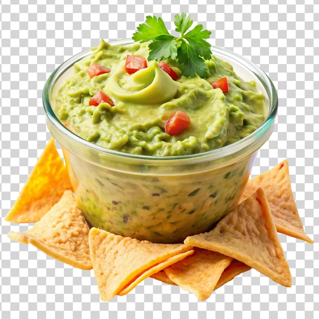 PSD container of creamy guacamole with tortilla chips isolated on transparent background