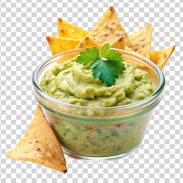 PSD container of creamy guacamole with tortilla chips isolated on transparent background