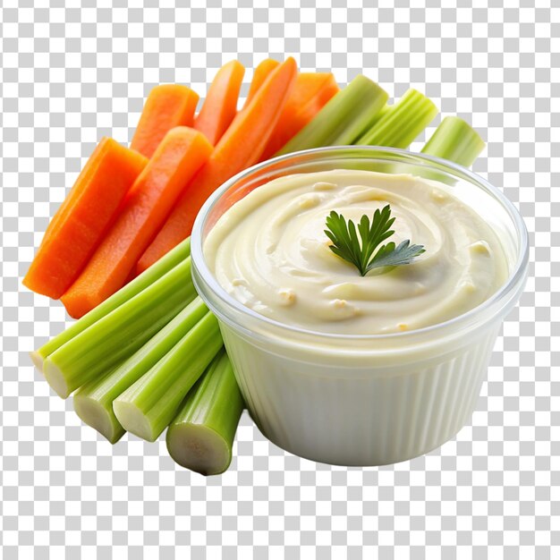 PSD container of creamy ranch dip with carrot isolated on transparent background