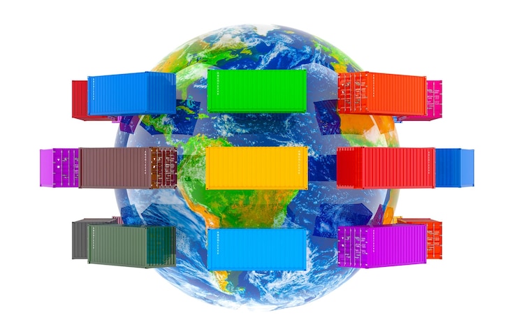 PSD containers de carga ao redor do globo terrestre conceito global de envio e entrega de carga