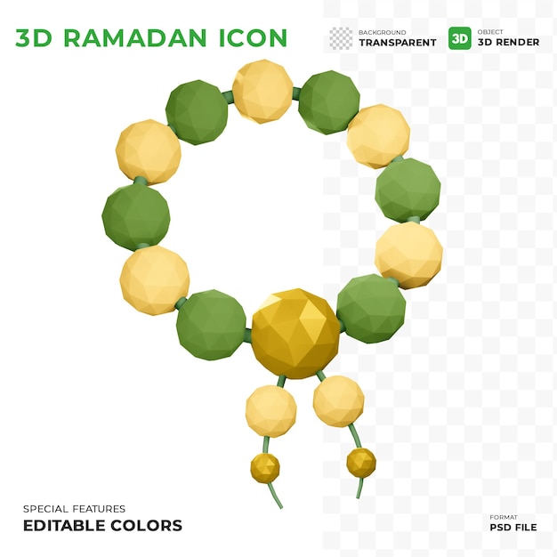 Contas de oração muçulmana tasbih ramadan 3d icon adequado para o conceito de eid mubarak