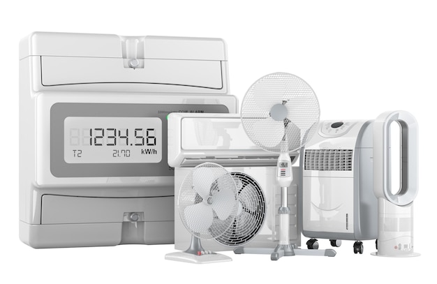 Contatore elettrico con sistema di raffreddamento e apparecchiature di controllo del clima rendering 3D isolato su sfondo trasparente