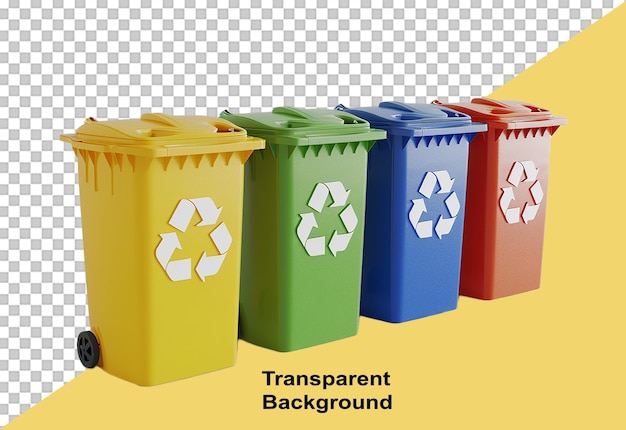 Contêineres de lixo de diferentes cores para classificação de resíduos com símbolos de reciclagem