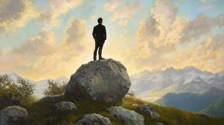 PSD contemplation atop majestic peaks a mans solitary sunset view