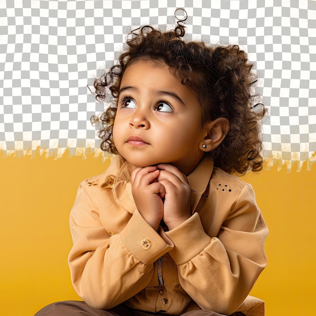 Contemplative middle eastern toddler woman autor inspirierte pose kinky haare 2021