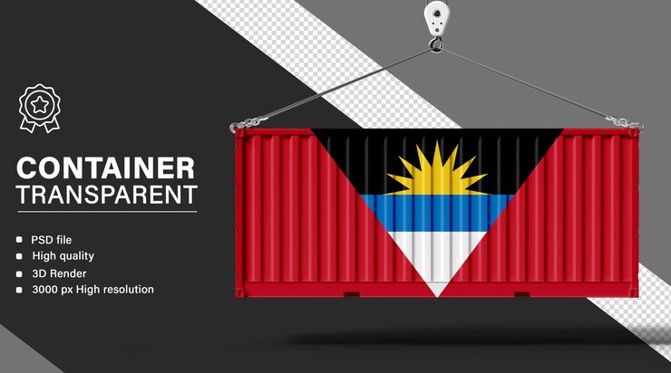 PSD contenedor 3d con la bandera de antigua y barbuda aislada sobre un fondo transparente