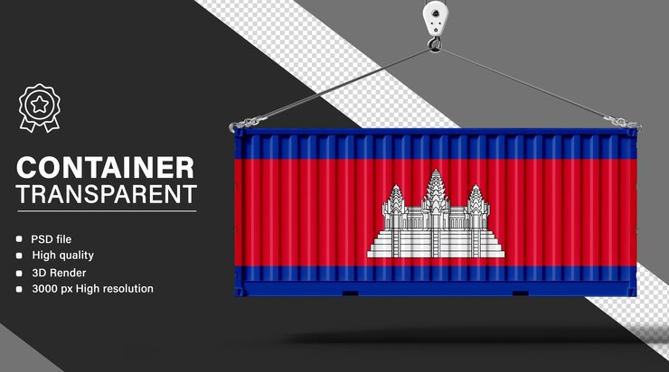 PSD contenedor 3d con la bandera de camboya aislada sobre un fondo transparente