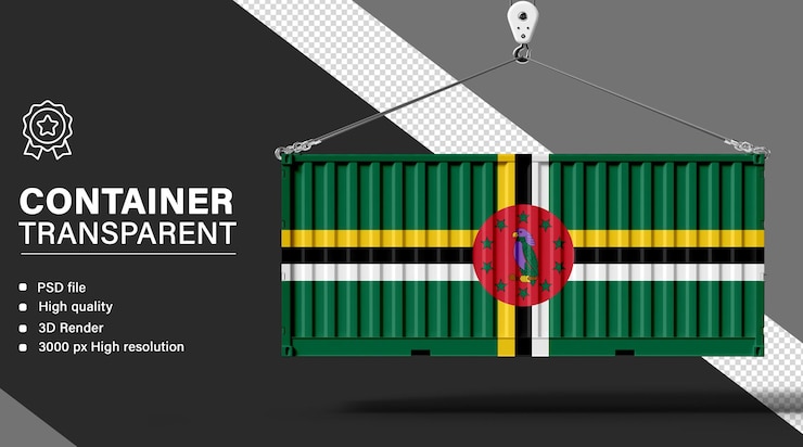PSD contenedor 3d con la bandera de dominica aislada sobre un fondo transparente