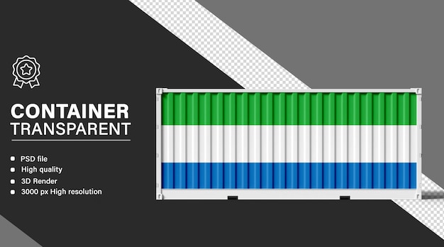 Contenedor 3D con la bandera de Sierra Leona aislada sobre un fondo transparente