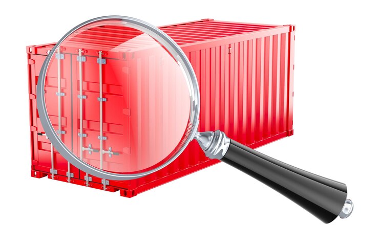 PSD contenedor de carga con lupa 3d aislada sobre un fondo transparente