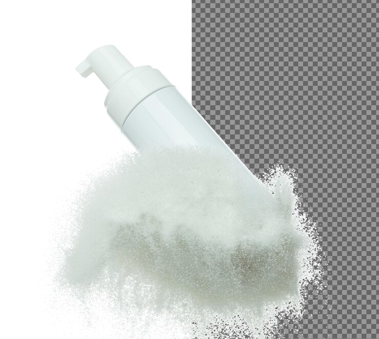 PSD contenedor cosmético botella blanca mosca salpicando sobre arena blanca tubo transparente polvo de arena en el aire medio hidratante loción crema botella explosión volando fondo blanco aislado obturador de alta velocidad