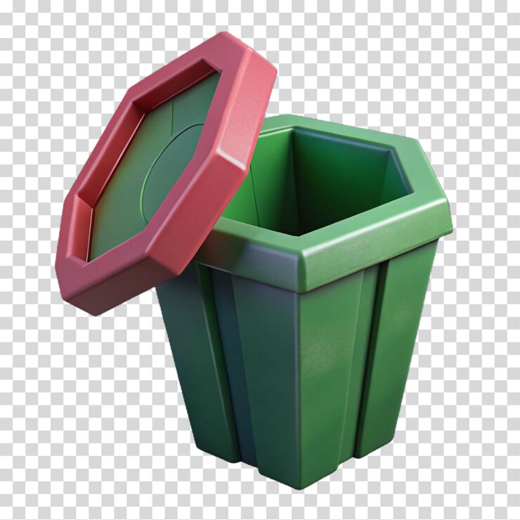 PSD contenedor hexagonal con tapa abierta y contenedor de reciclaje verde