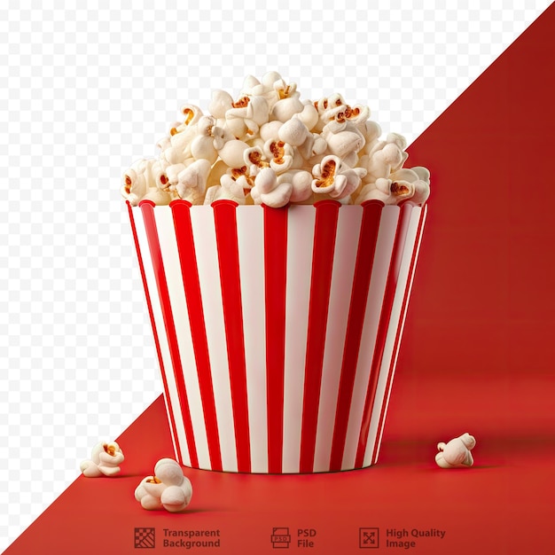 De un contenedor de palomitas de maíz con rayas rojas y blancas rebosante de palomitas de maíz, ideal para una noche de cine mientras ves películas