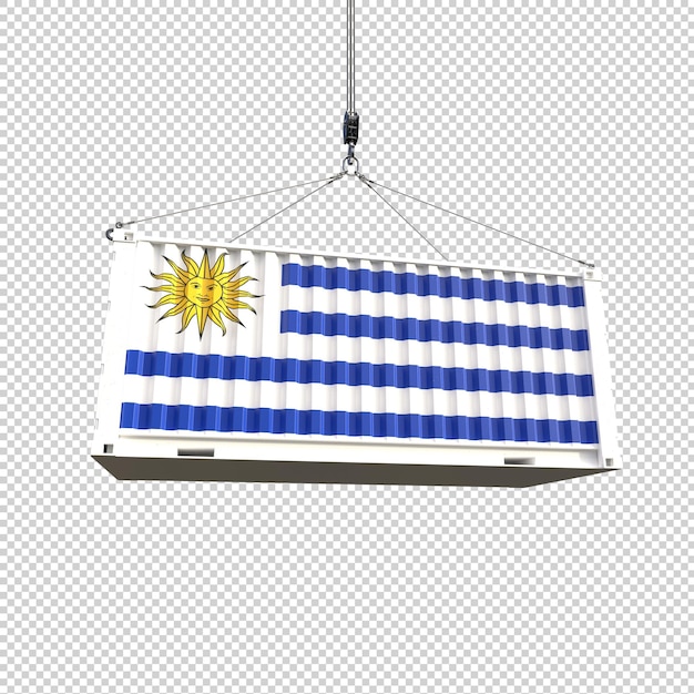 Contenedor de transporte con bandera de uruguay sobre un fondo transparente