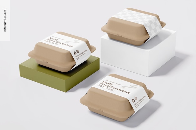 Contenedores de alimentos Kraft con la perspectiva de la maqueta de la etiqueta