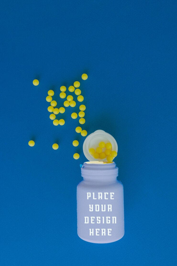 PSD contenitore aperto di medicine con pillole traboccanti mockup di psd