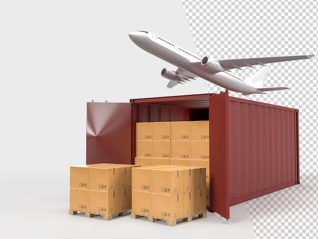 Contenitori per servizi logistici di spedizione merci container con consegna di pacchi di scatole di cartone marroni nel settore dell'e-commerce online