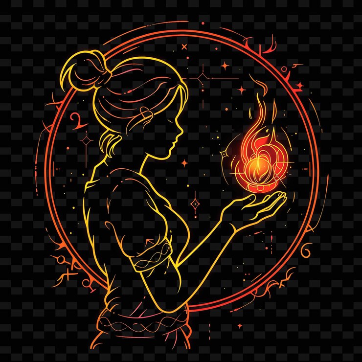 PSD contorno brillante de una hechicera conjurando una bola de fuego con neo png diseños artísticos creativos de línea de neón